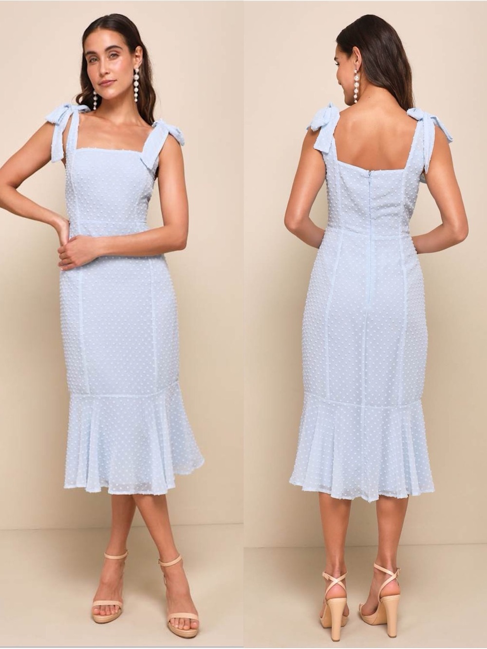 LULU'S Bimini Periwinkle Blue Swiss Dot Tie-Strap Midi Dress